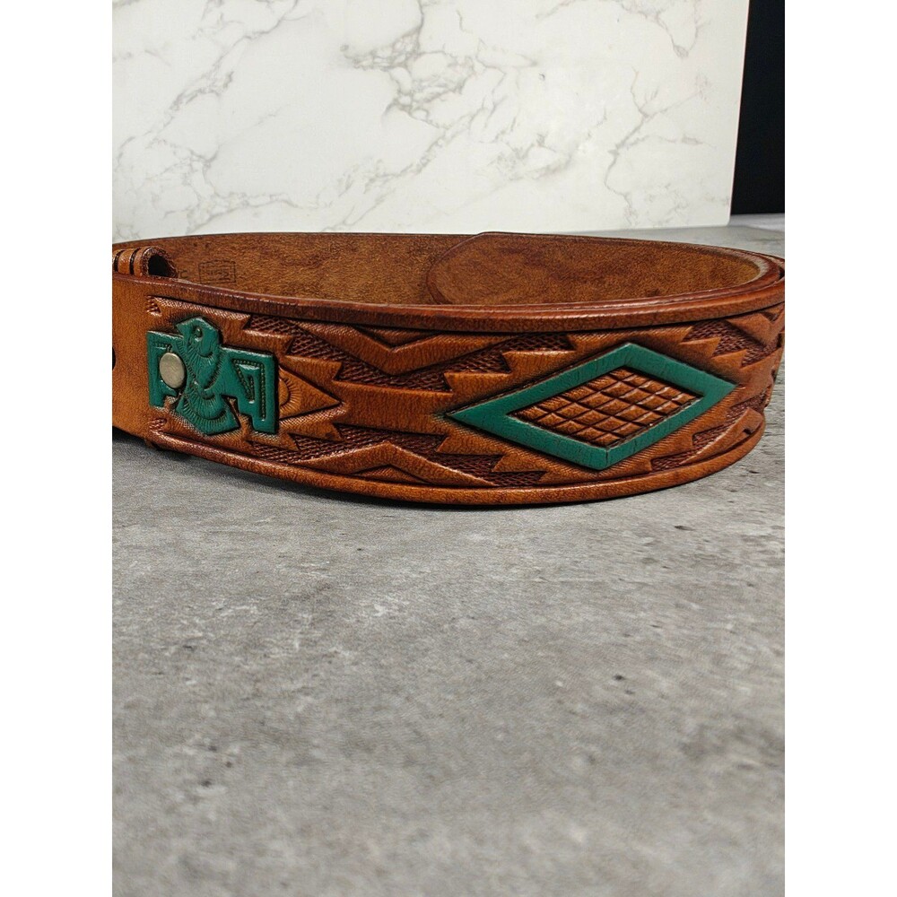 Vintage Tooled Leather Western Belt 34" W/ Statue Of Liberty Centennial Buckle - Picture 3 of 9